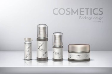 Şampuan, saç kremi, yüz kremi, duş jeli, sprey, deodorant, köpük tıraş losyonu, kozmetik ambalaj. Bir etiket ile tasarım şişe. Gerçekçi vektör çizim