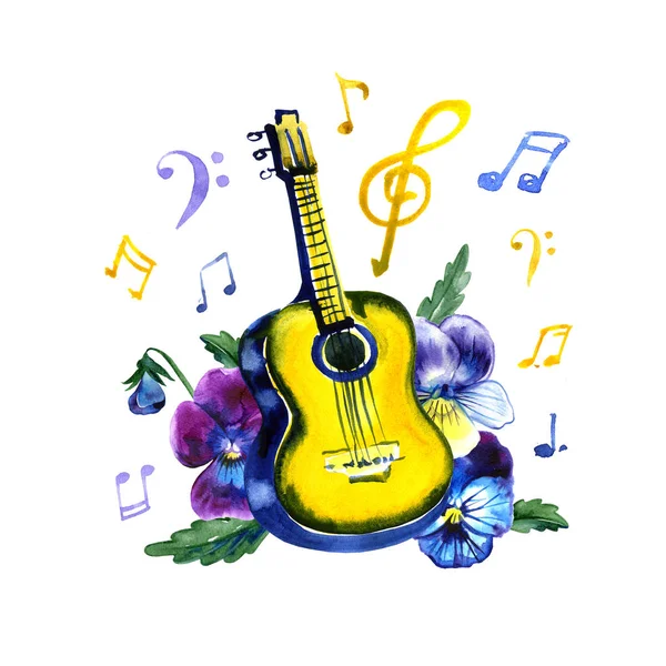 Akustisk gitarr med pansy blommor. Akvarell illustration på vit bakgrund — Stockfoto