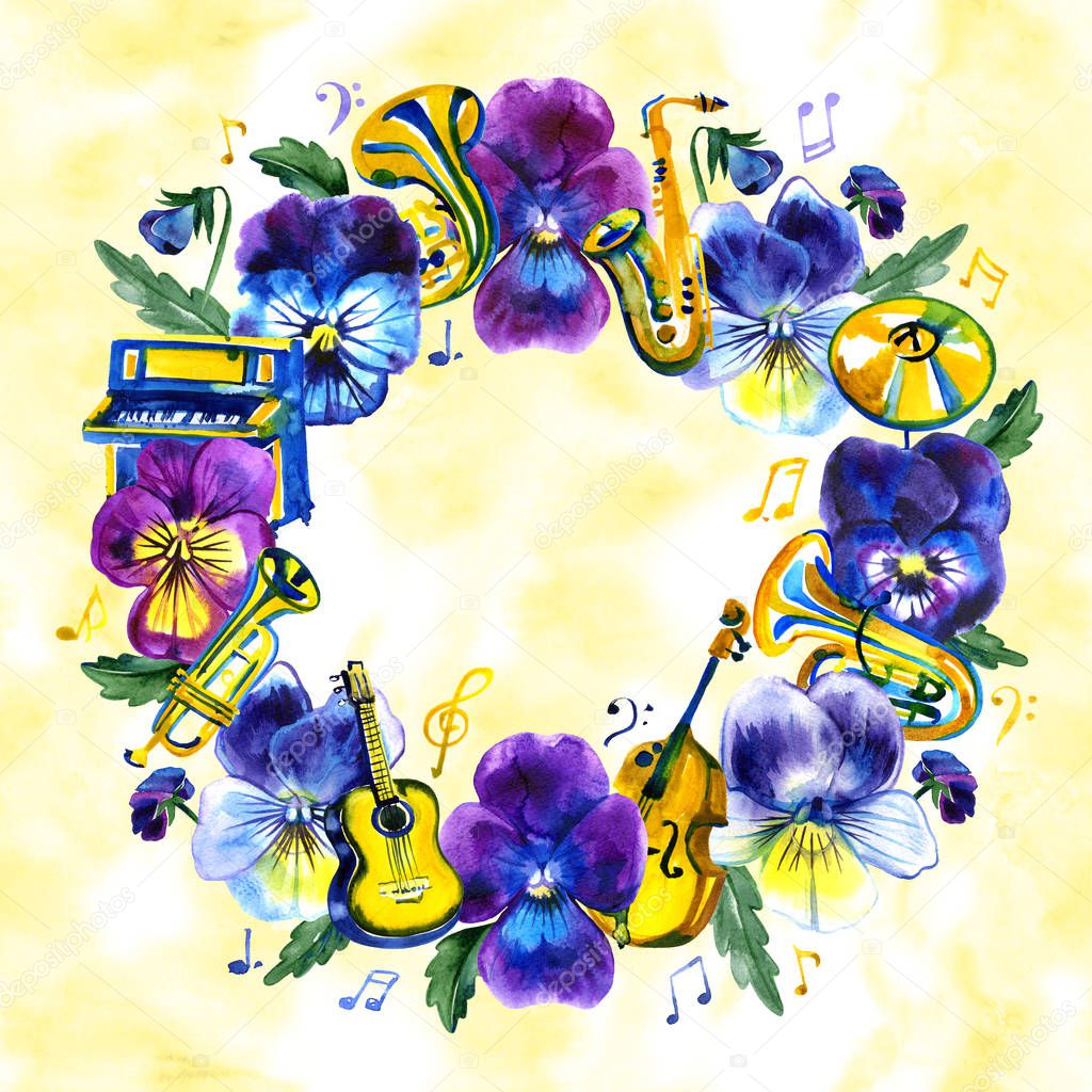 Watercolor detailed pansy flowers and musical instruments with notes in classic style for design