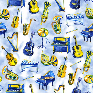 Arka plan müzik aletleri. Seamless modeli. Suluboya resim