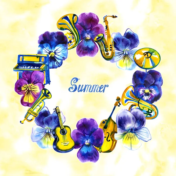 Musikumrahmung mit sommerlichen und frühlingshaften Stiefmütterchen, Noten. handgezeichnete Aquarell-Illustration. — Stockfoto
