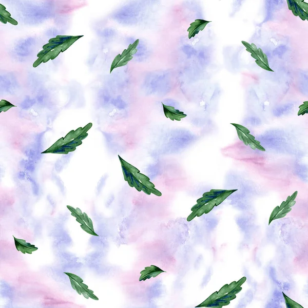 Akvarell zökkenőmentes botanikai minta. Levelek, gyógynövények háttér. Kézi festés. Zöld fű textúra. — Stock Fotó