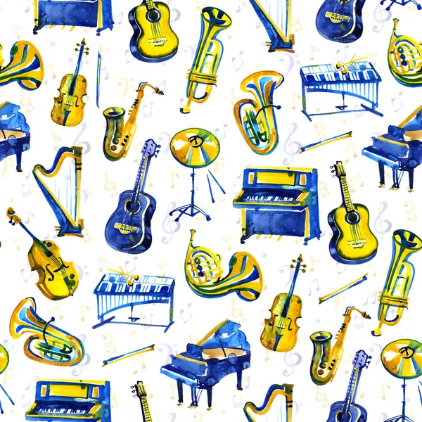 Instrumentos musicales de fondo. Patrón sin costuras. Ilustración en acuarela — Foto de Stock