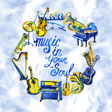 Müzik aletleri ve notlar ile müzik çerçeve. El suluboya resim çekilmiş.