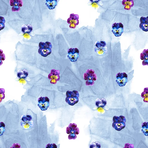 Seamless pattern with pansy flowers and leaves. Watercolor illustration. Summer background — Stock Photo, Image