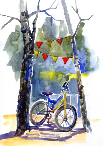 Aquarelle dessinée à la main arbres romantiques, guirlandes de vélo et drapeau . — Photo