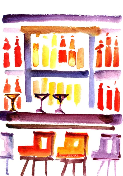 Cafe bar vnitra. Ilustrace v akvarelu stylu — Stock fotografie