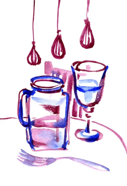 Пітчер і скляна акварельна ілюстрація ізольована на білому тлі, намальована вручну кухня ілюстрація для дизайну меню ресторану і кафе — стокове фото