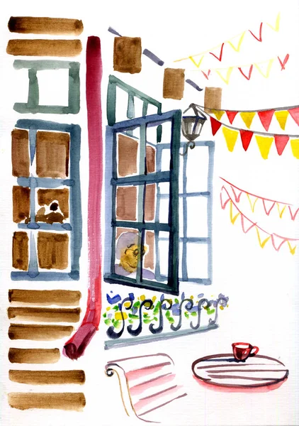 Akvarelu ilustrace městského prostoru. Pouliční kavárna okna, stůl a příznaky. — Stock fotografie