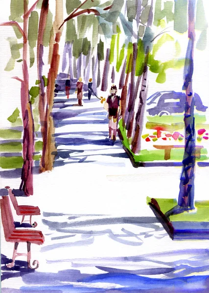 阳光明媚的街道, 树荫下, 人们漫步。水彩插图 — 图库照片