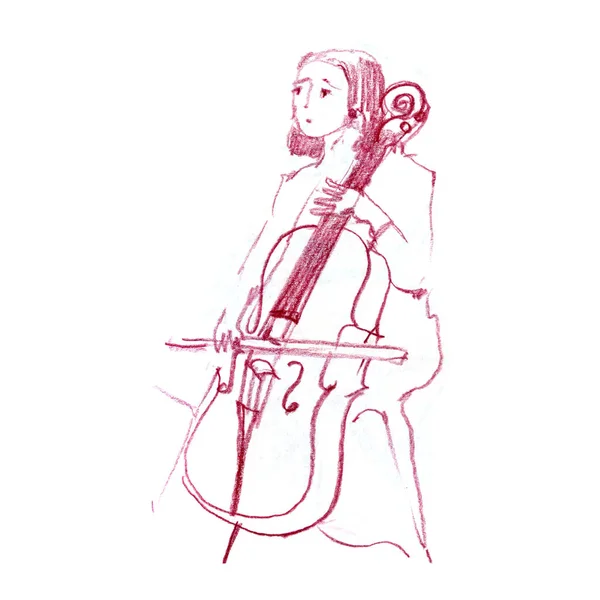 Vázlat a lány játszik a cselló, a csellista, a zenész, a zene kézzel rajzolt ceruza illusztráció — Stock Fotó