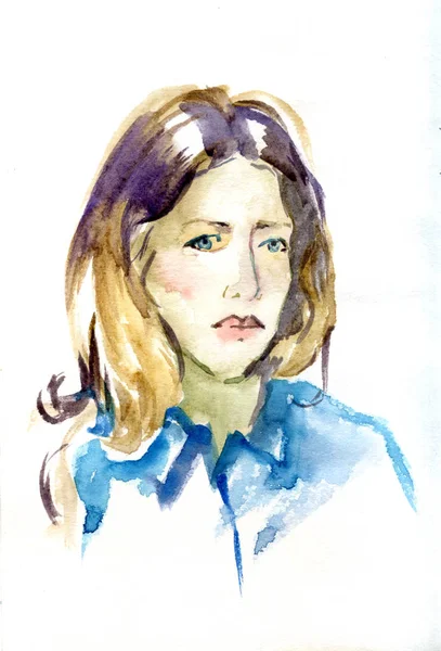 Cara de mulher bonita. Retrato de rapariga séria. Pintura aquarela sobre fundo branco . — Fotografia de Stock