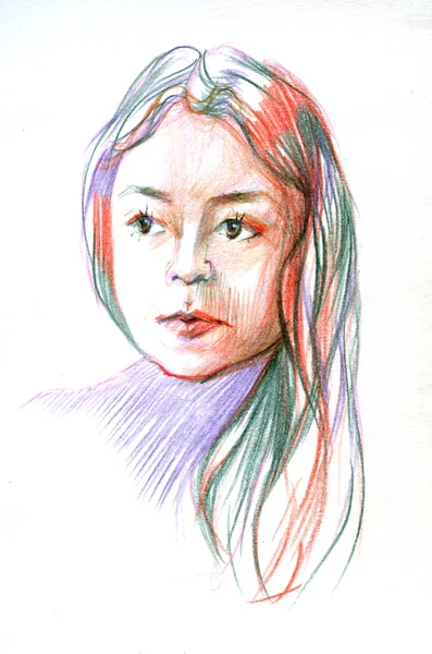 아름 다운 여자 얼굴 수채화 색 pansil 그림 — 스톡 사진