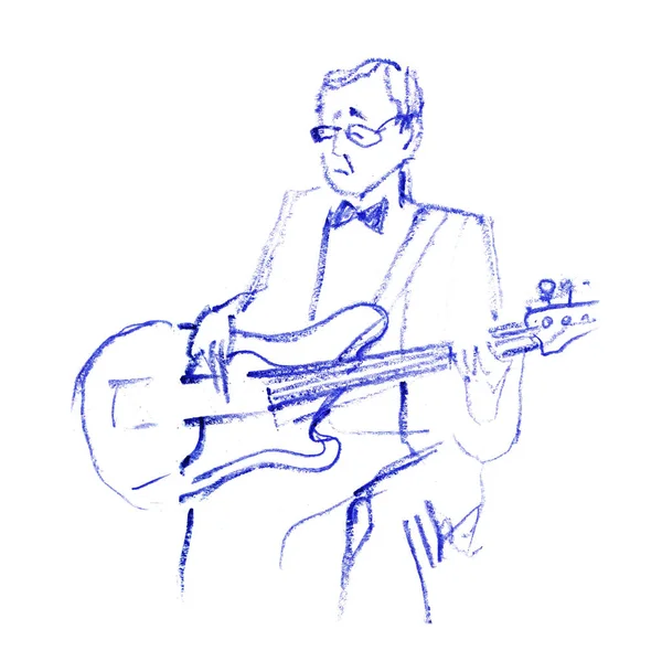 Pancil croquis d'un gars avec des lunettes avec une guitare électrique — Photo