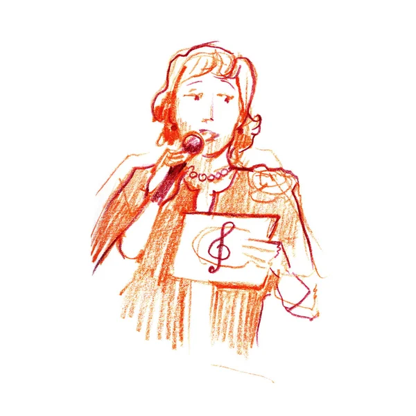 Γυναίκες με μικρόφωνο. Τραγουδιστής, δημοσιογράφος ή παρουσιαστής της εκδήλωσης. Καρτούν εικονογράφηση, απομονώνονται σε λευκό φόντο. Raster έκδοση. — Φωτογραφία Αρχείου