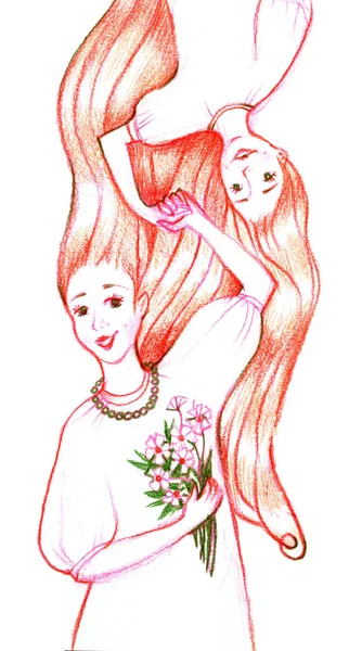 Matka i córka gingers są trzymane w ręku. Zarys ilustracja kolor pancil. Szczęśliwa rodzina kobiece. Charakter projektu kobieta i jej dziecko. Wielki dzień matki-karta, plakat, baner — Zdjęcie stockowe