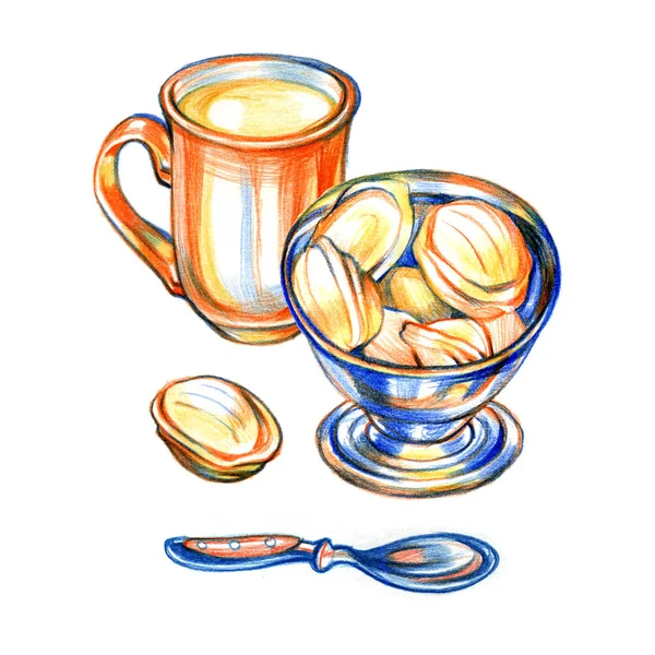 Hand drawn color pancil illustration with tea biscuits in old style. illustration of biscuits for cafe menu, logo, banner, flayer in retro hand drawn style.