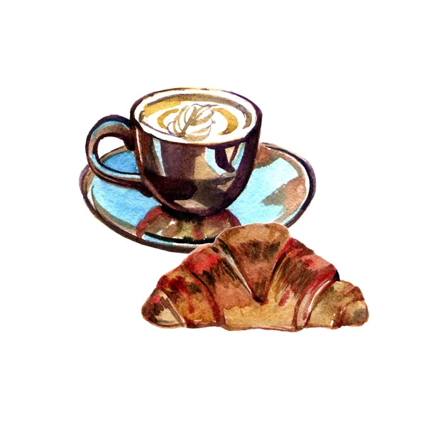 Una taza de café y croissant. Acuarela pintura ilustración sobre fondo blanco —  Fotos de Stock