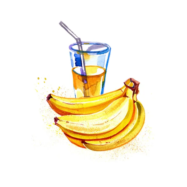Bananensaft frisch. handgezeichnete aquarellierte Früchte und Glas auf weißem Hintergrund. Vereinzelte Illustration — Stockfoto