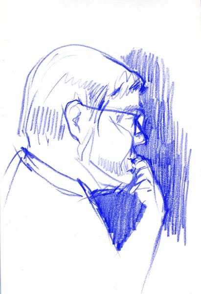 Portret przystojny mężczyzna okulary i broda ręcznie rysowane na białym tle, szkic ilustracja linia — Zdjęcie stockowe