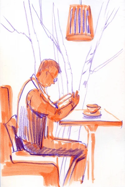 Joyeux bel homme lisant un livre dans un café boutique temps de détente en vacances, la couleur du style hipster. Croquis dessin à la main — Photo