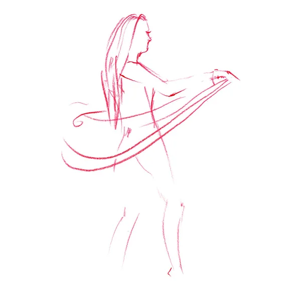 Art line of belly dancer. Young slender girl in east suit shows movement of arabic dance. Drawing by lines. Isolated image. — Stock Photo, Image