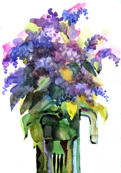 花瓶里的水彩丁香花 — 图库照片