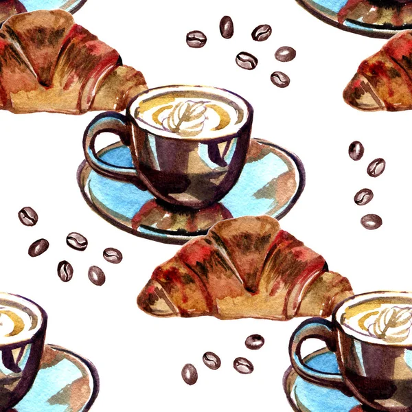 Aquarell nahtloses Muster - Morgenkaffee und Croissant — Stockfoto