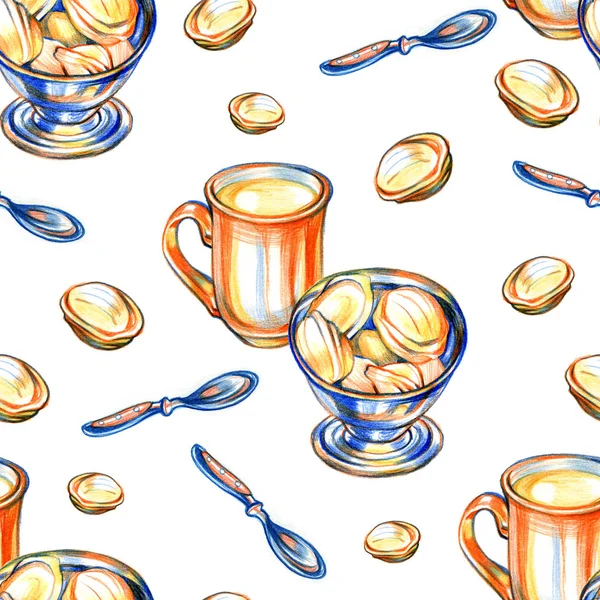 Copa blanca de capuchino con galletas. Dulces sobre fondo blanco. Ilustración de patrón sin costura . — Foto de Stock