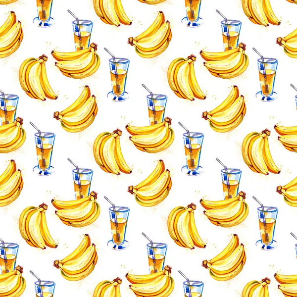 Nahtloser Hintergrund von Aquarellzeichnungen von Früchten. Gelber Bananensaft. — Stockfoto