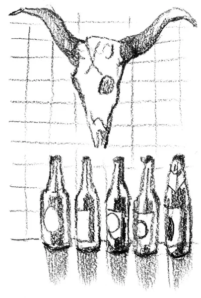 Beer bottles and a cow skull hanging on the wall. Pirate sketches. — Stock Photo, Image