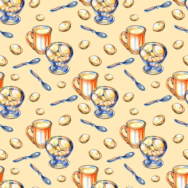 White cup of cappuccino with cookies. Sweets on white background. Seamless pattern illustration. — Stock Photo, Image