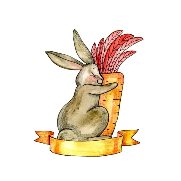 Rabbit and carrot cartoon character. Funny animals watercolor icon