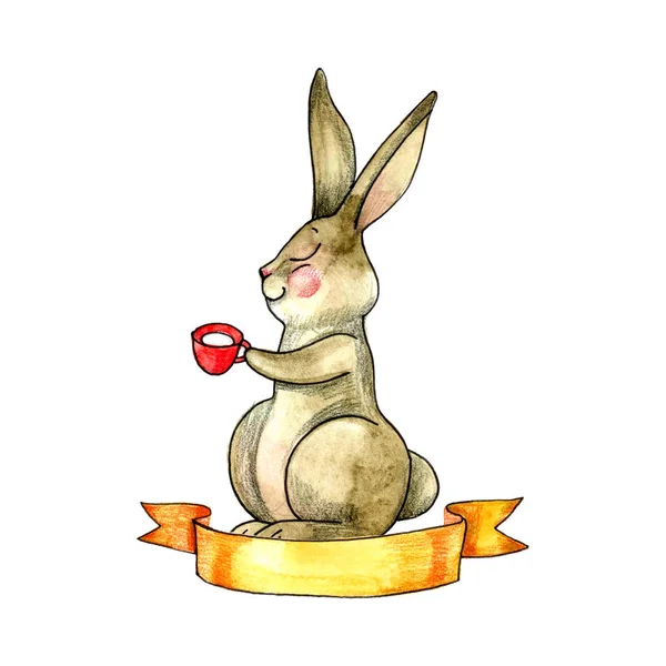 Akvarelu králík s šálkem čaje. Ručně tažené ilustrace na bílém pozadí. — Stock fotografie
