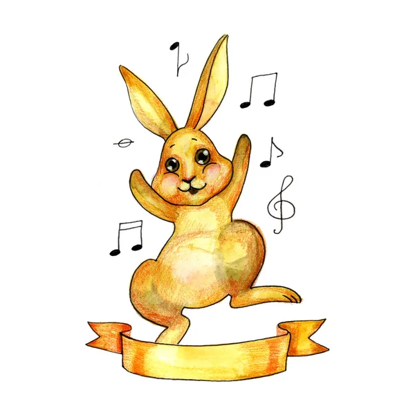 Tančící kreslený králík. Akvarelu ručně malované ilustrace na bílém pozadí — Stock fotografie