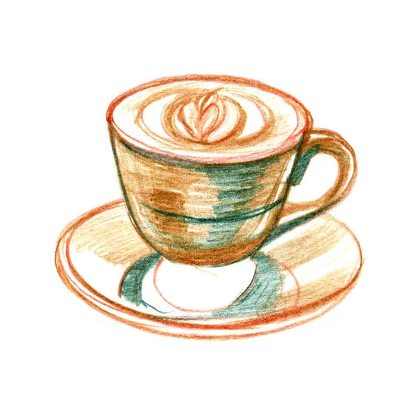 Color pencil coffee sketch. Hand painted illustration with cup of cappuccino, isolated on white background. — Stock Photo, Image