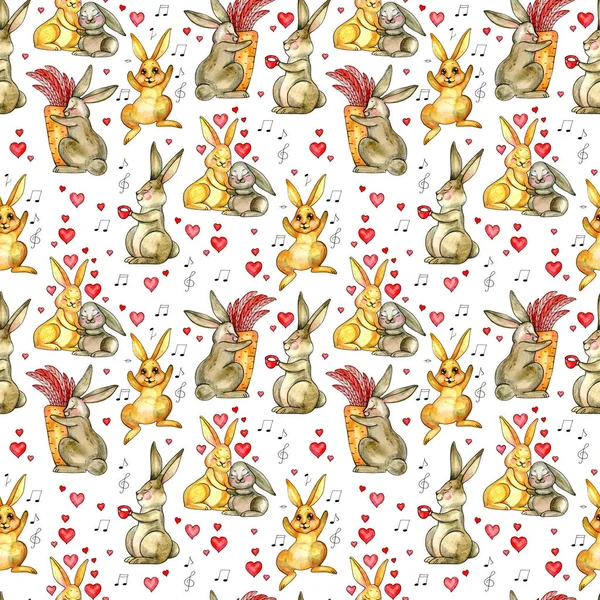 Lapins de Pâques motif sans couture. Fond aquarelle avec mignons lapins aquarelle . — Photo