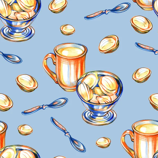 クッキーとカプチーノのカップ。お菓子のシームレスなパターン図. — ストック写真