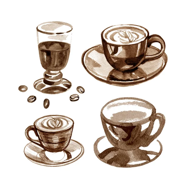 白い背景に水彩で描かれたコーヒー カップ. — ストック写真