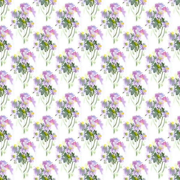 带紫色水彩夏日花朵的无缝图案 — 图库照片