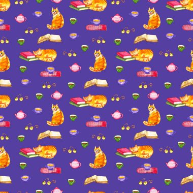 Suluboya kediler sorunsuz duvar kağıdı. Hayvanlar çocuklar illüstrasyon karikatür. Emoji menekşe desen arka plan.