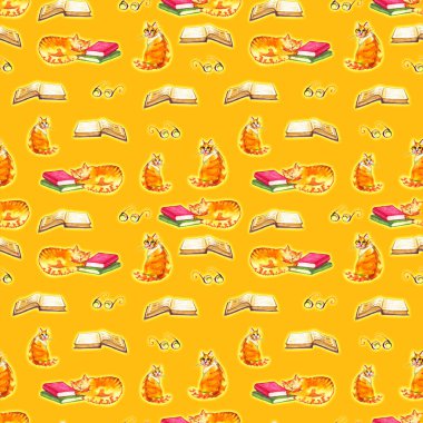 Suluboya kediler sorunsuz duvar kağıdı. Hayvanlar çocuklar illüstrasyon karikatür. Emoji sarı desen arka plan.