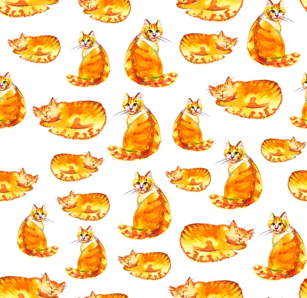 Ginger kočky. Akvarelu bezešvé vzor na bílém pozadí — Stock fotografie