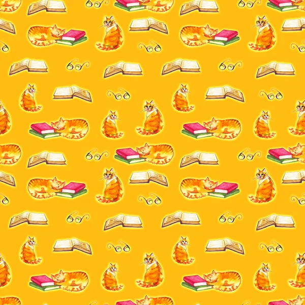 Watercolor cats seamless wallpaper. Cartoon animals children illustration. Emoji yellow pattern background.
