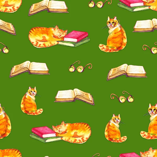 Акварельні коти безшовні шпалери. Мультяшні тварини дитячі ілюстрації. фон зеленого візерунка Emoji . — стокове фото