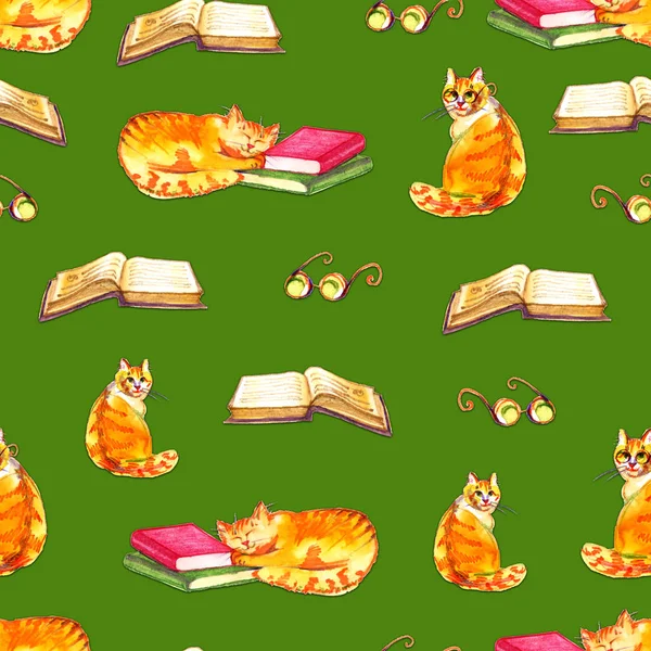 Watercolor cats seamless wallpaper. Cartoon animals children illustration. Emoji green pattern background.