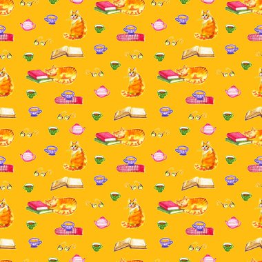 Suluboya kitaplar ve kediler seamless modeli. Sulu boya doku. Okula dönüş.