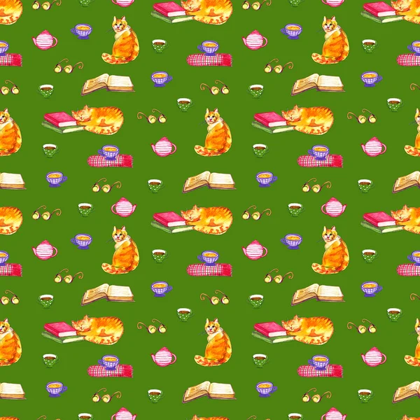 Kağıt kahve fincanı, kediler ve Kitaplar. Retro tasarımı. Yinelenen arka plan