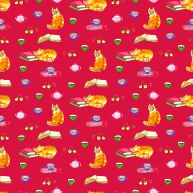 Suluboya kitaplar ve kediler seamless modeli. Sulu boya doku. Okula dönüş.