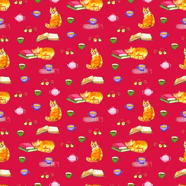 Suluboya kitaplar ve kediler seamless modeli. Sulu boya doku. Okula dönüş.